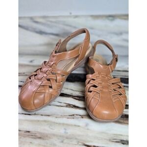 Clarks Collection Tan Leather Fisherman Sandals Woven Slingback Womens 11 W Wide